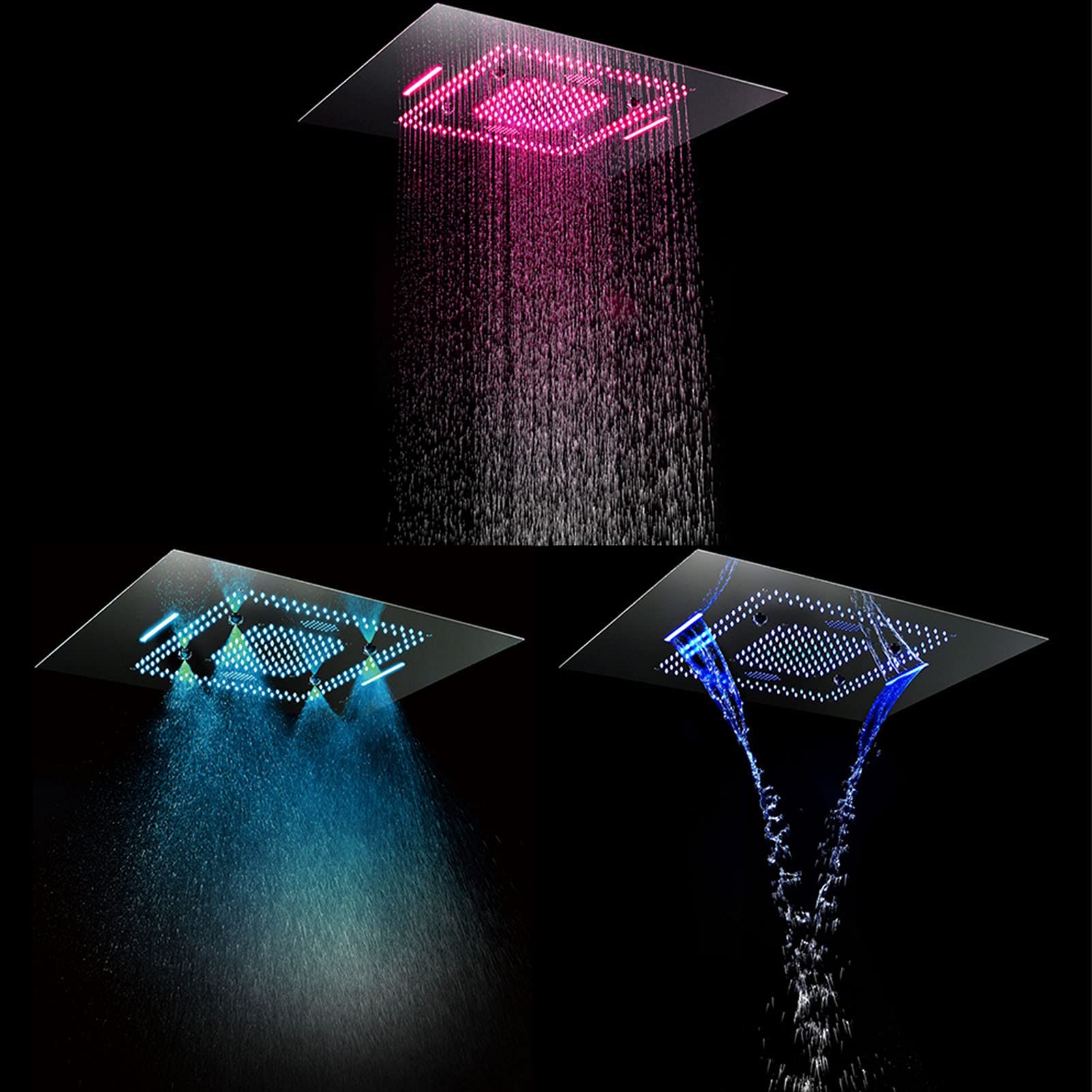 Sistema de ducha de lluvia de lujo, cabezal de ducha LED de 60 x 80 cm con altavoz de música Bluetooth, juego de grifo termostático de ducha, control remoto negro (control remoto cromado)