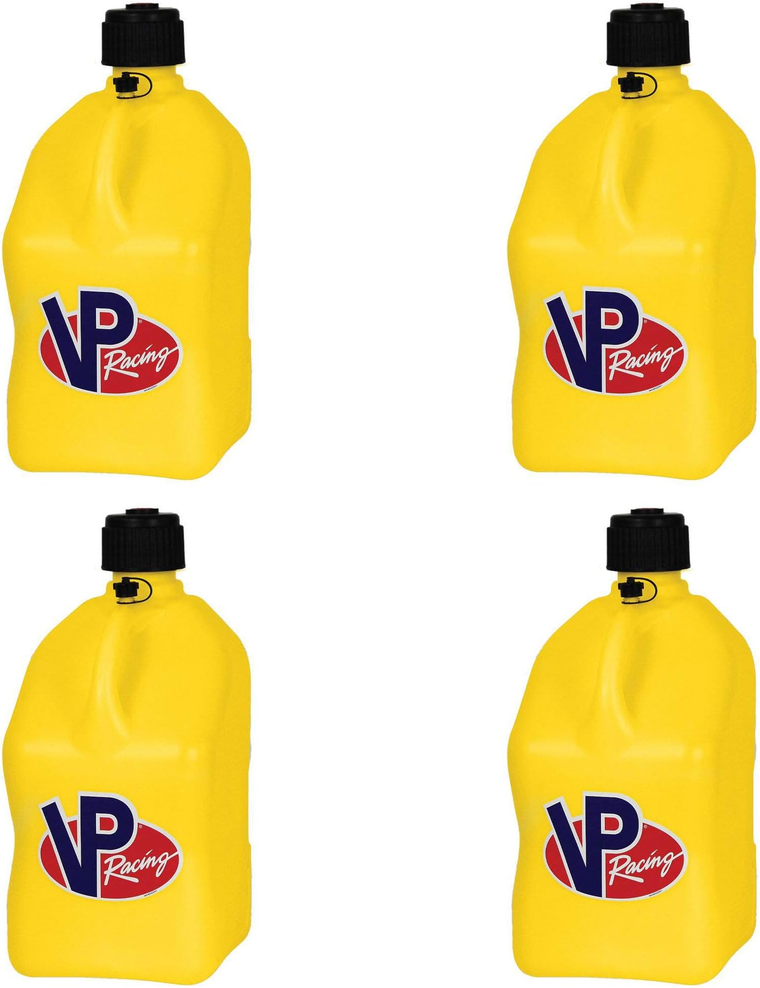 VP Racing Fuels Motorsport 5 Gallon Square Plastic Utility Jug Yellow (4 Pack). Close-Trimmed Cap and Neck for Tight Seal