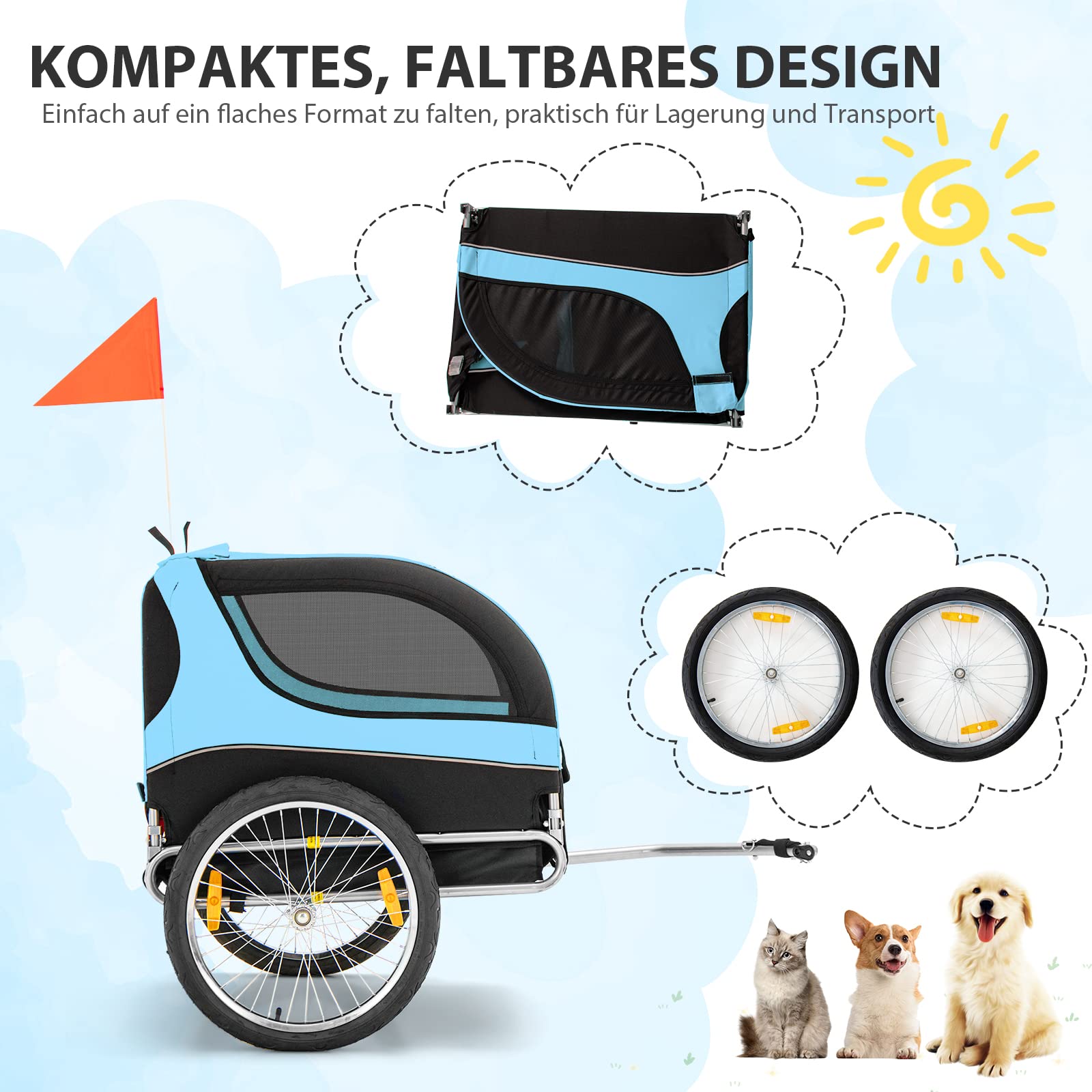 COSTWAY składana przyczepka rowerowa dla psa 40 kg, małych i średnich psów, 8 odblaskami, tkanina Oxford niebieska