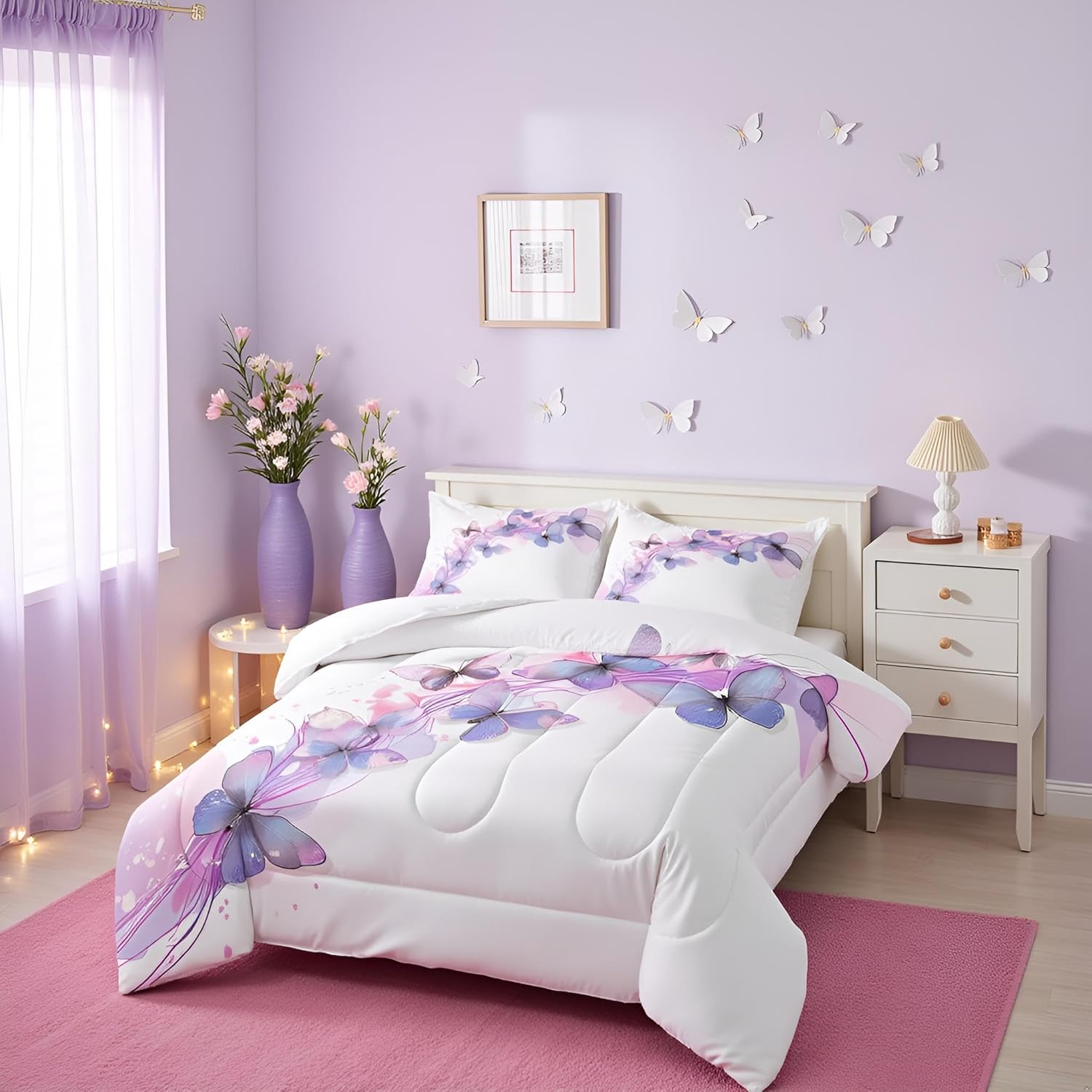 Homewish Watercolor Butterfly Comforter Set Queen Size Butterflies Bedding Set for Kids Boys Girls Bedroom Decoration Purple and Pink Bed Duvet Insert Spring Comforter with 2 Pillowcase