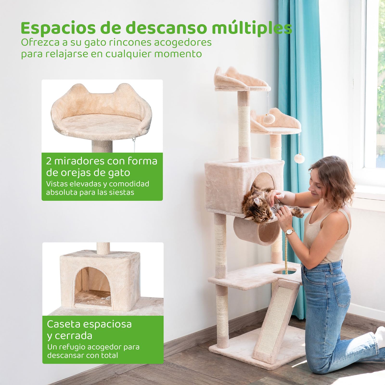 Árbol para Gatos XL, rascador para Gatos, Plataformas, caseta, Hamaca, túnel, Pelotas, columnas de sisal, Felpa, Altura 150 cm, Beige, garantía de 5 años