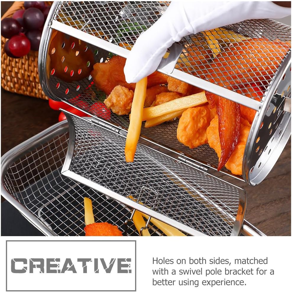 Hemoton Stainless Steel Rotating Grill Basket 7.08X5.51 Inch Oven Roaster Drum Air Fryer Basket for Nuts Meat and Vegetables Rotisserie Cooking