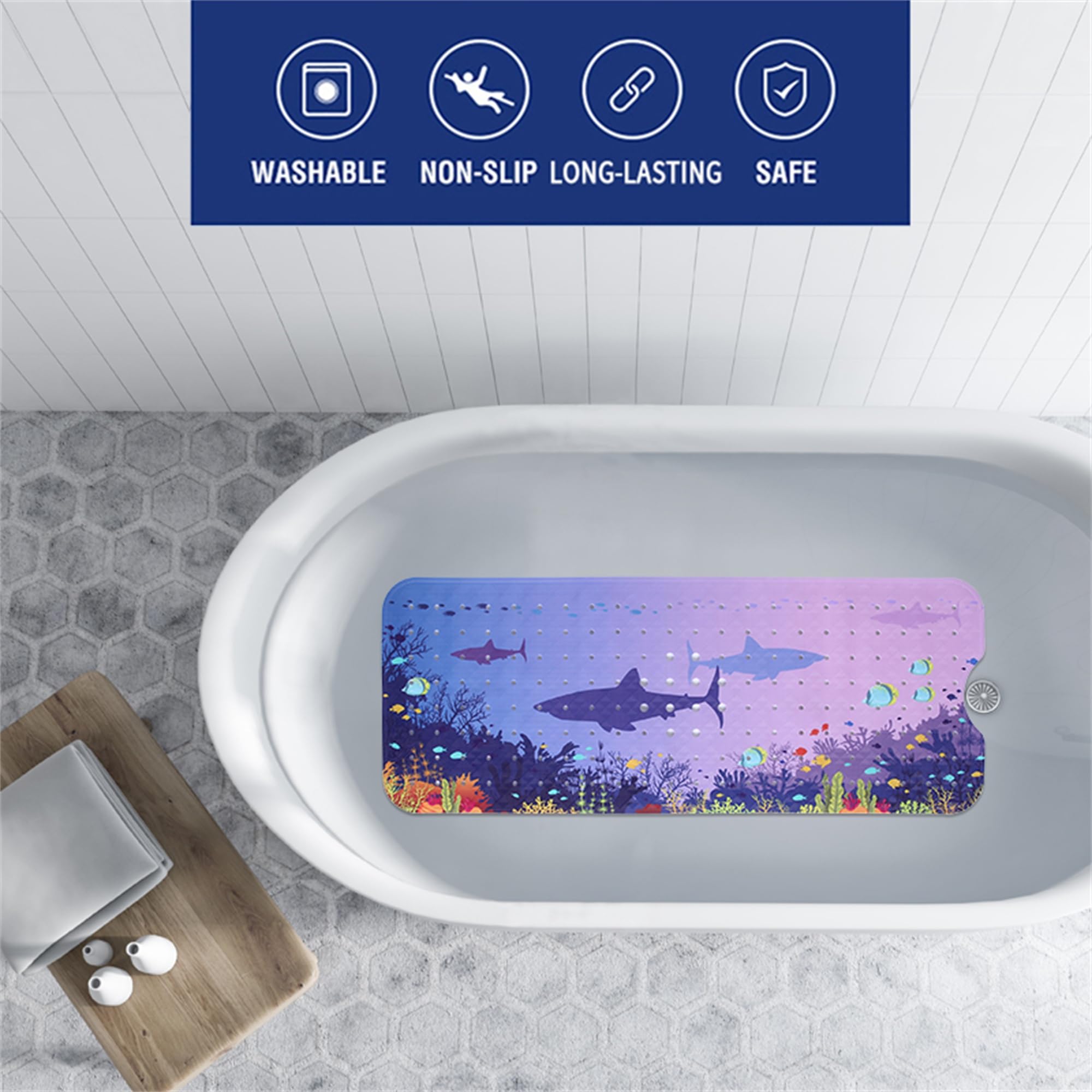 Rutschfeste Badewannenmatte Für Kinder & Senioren – 40,6 X 101,6 Cm, Transparent-blau Mit Saugnäpfen