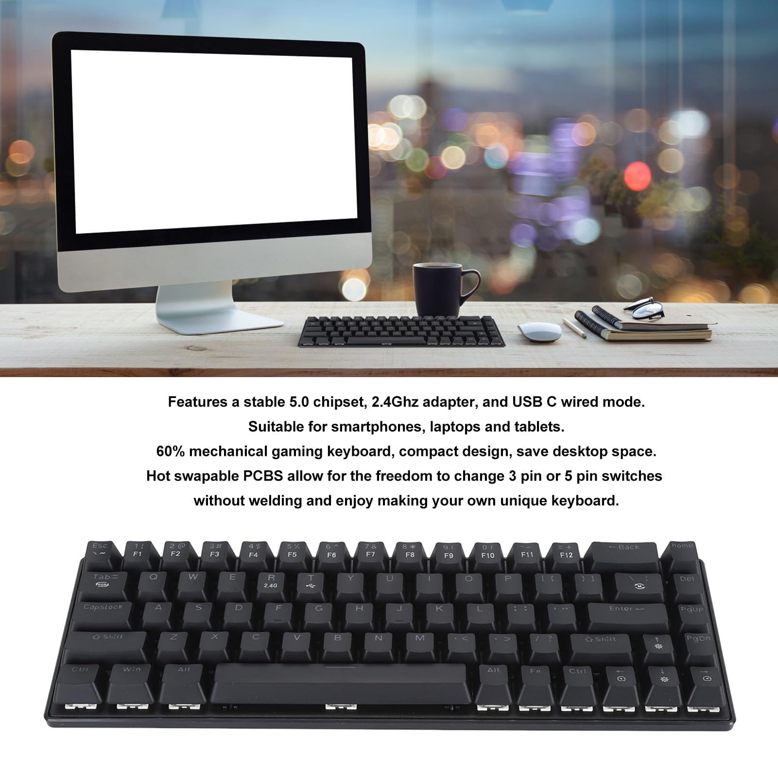 Tastiera Meccanica Tri-Mode BT5.0/2.4GHz/USB-C Con Hot-Swap E LED Multicolore - 99 Tasti, Switch Rossi Lineari, Batteria 4000mAh, Per PC/Mac (Nero/Bianco)