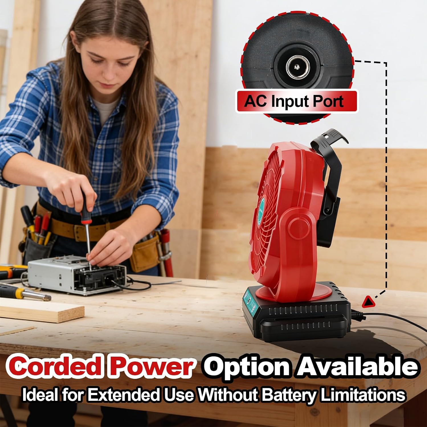 Battery Powered Fan Compatible with Craftsman 20V Battery, Portable Cordless Fan with AC Adapter, Variable Speed, Timer Settings, 135 Adjustable Angle for Camping, Jobsite