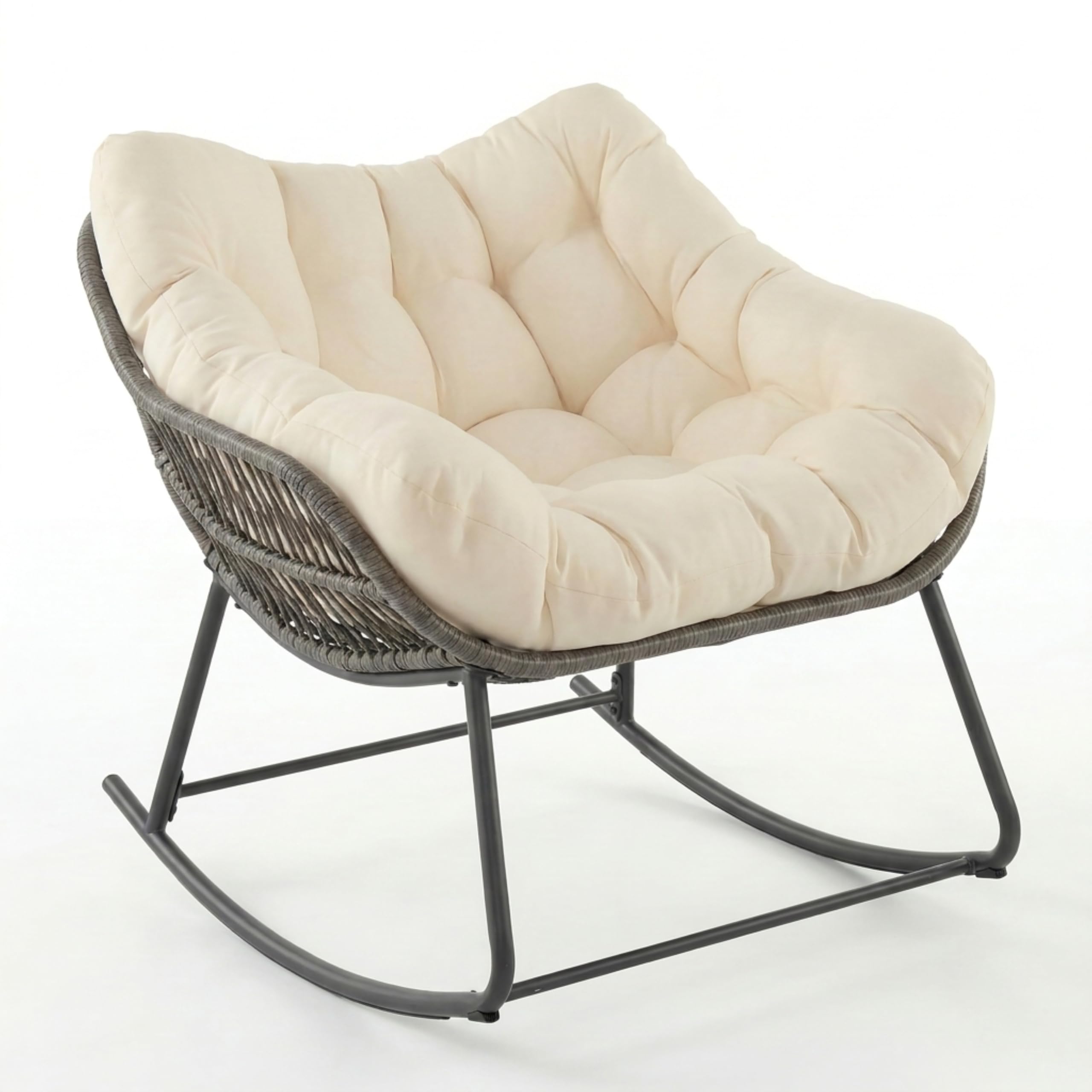 SOARS Fauteuil à Bascule de Jardin, Chaise à Bascule Papasan en Rotin avec Coussin Rembourré et Amovible, Cadre en Métal, Charge 150 KG, pour Intérieur et Extérieur, Salon Balcon Terrasse, Beige
