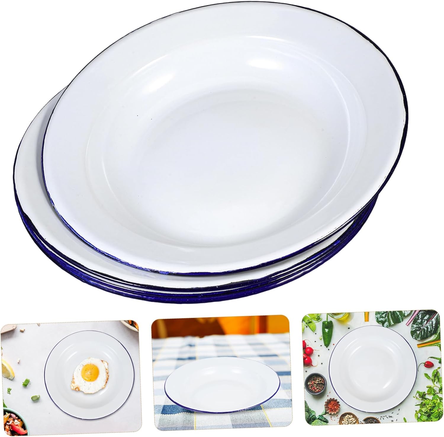 Cabilock 4pcs Enamel Plate Flat Plates with Rim Enamel Camping Dinnerware Bbq Dinnerware Dish Portable Outdoor Camping Dinner Plate ware Plates Salad Bowls White