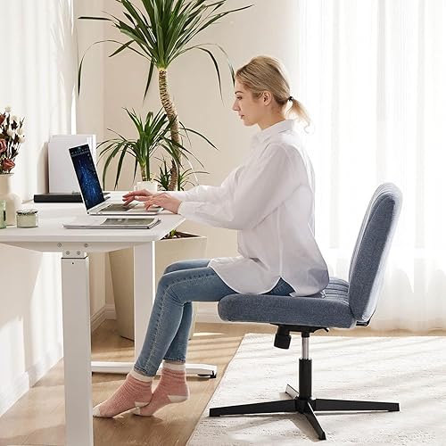 Miniatura 3 de DUMOS Silla de oficina con patas cruzadas, asiento ancho sin brazos, sin ruedas, moderno escritorio para el hogar, altura ajustable, giratorio,