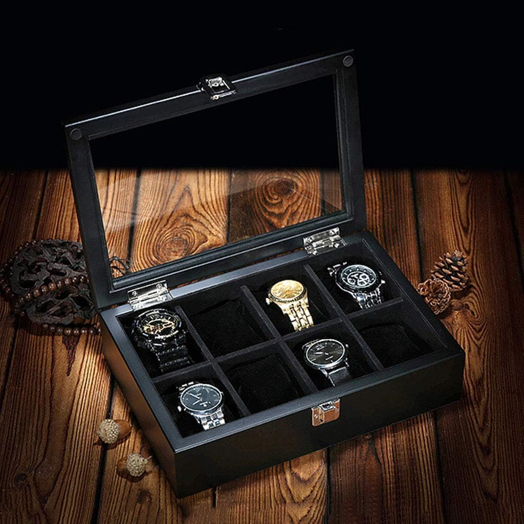 Caja de reloj grande – 8 ranuras para relojes, organizador de joyas de lujo, caja de almacenamiento de madera con hebilla de metal con cerradura superior de cristal para hombres y mujeres