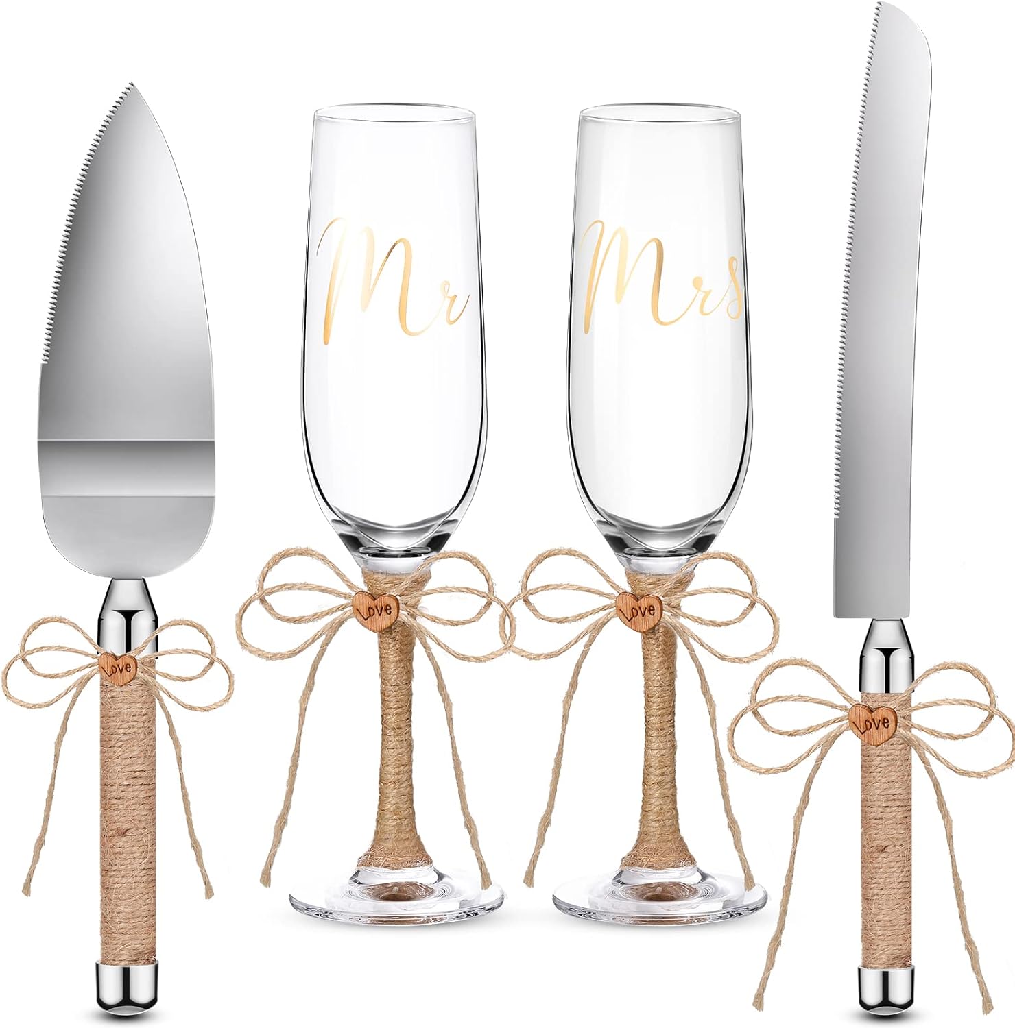 Boao 4 Piece Wedding Toasting Flutes and Cake Server Set Champagne Glasses and Cake Knife Server Set with Burlap Bow Mr and Mrs Flute Wedding Reception Supplies