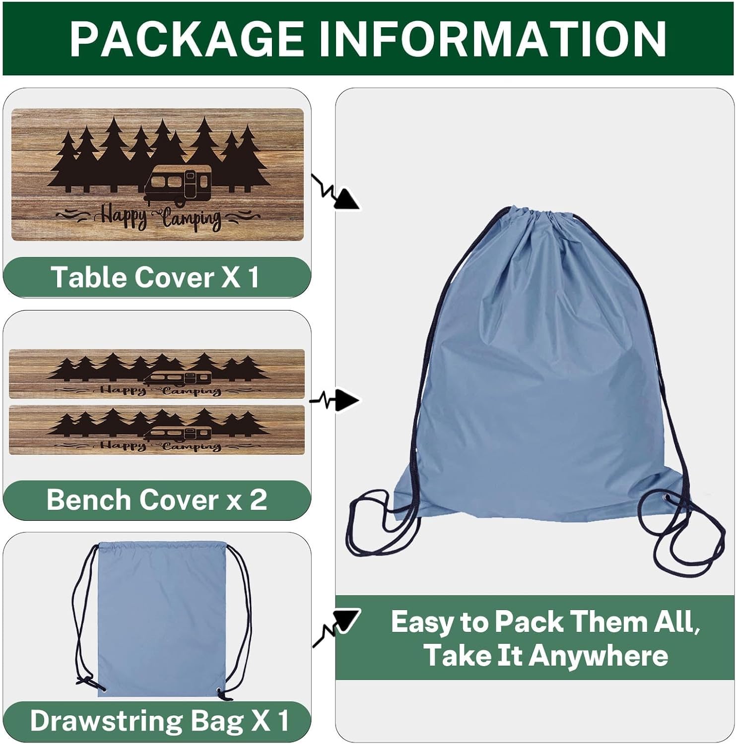 Picnic Table Cover with Bench Covers Elastic Edges, Wooden Camper Fitted Table Cover, Outdoor Patio Camping Essentials 72 Inch 3PCS, Waterproof Camping Fitted Tablecloth with Drawstring Bag - Image 7