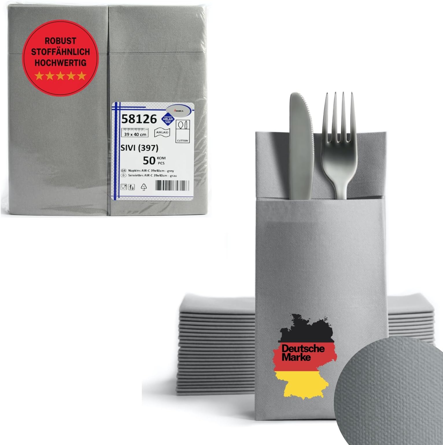 Airlaid napkins with cutlery pocket, ready-folded, grey, 40 x 40 cm, textile-like fabric, 1/8 felt material, 50 napkins per pack, premium quality for weddings, birthday