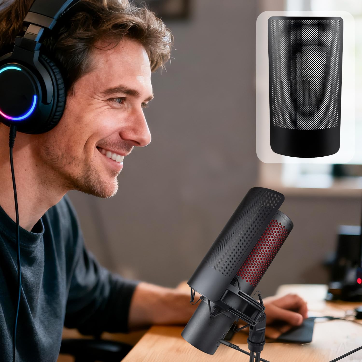 SOULWIT Filtro anti-pop Shield per Microfono per HyperX QuadCast/S/2/2S, Copertura in Schiuma per microfono con Parabrezza in Metallo per la maggior parte dei Supporti Antiurto HyperX - Nero