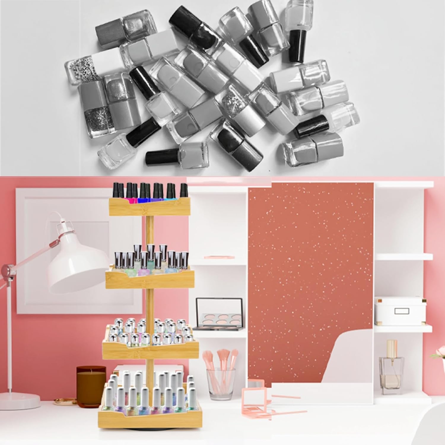 ZAVOOS Nail Polish Organizer, 4 Tier Bamboo Stand Essential Oil Display Rack for 120-212 Bottles, 360° Rotating Large Capacity Cosmetics Storage Shelf Holder for Home Spa, Business Salon