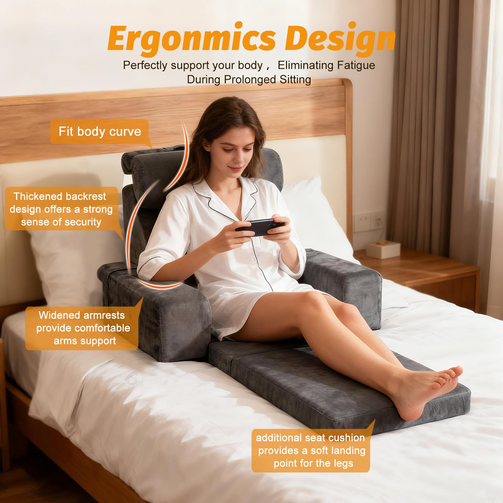 Grand Coussin de Lecture avec Appui-Tête Détachable et Accoudoir, Coussin en Forme d'Os pour Adultes avec Housse Lavable à Longs Poils, Coussin Ergonomique pour le Dos, Coussin de Lecture