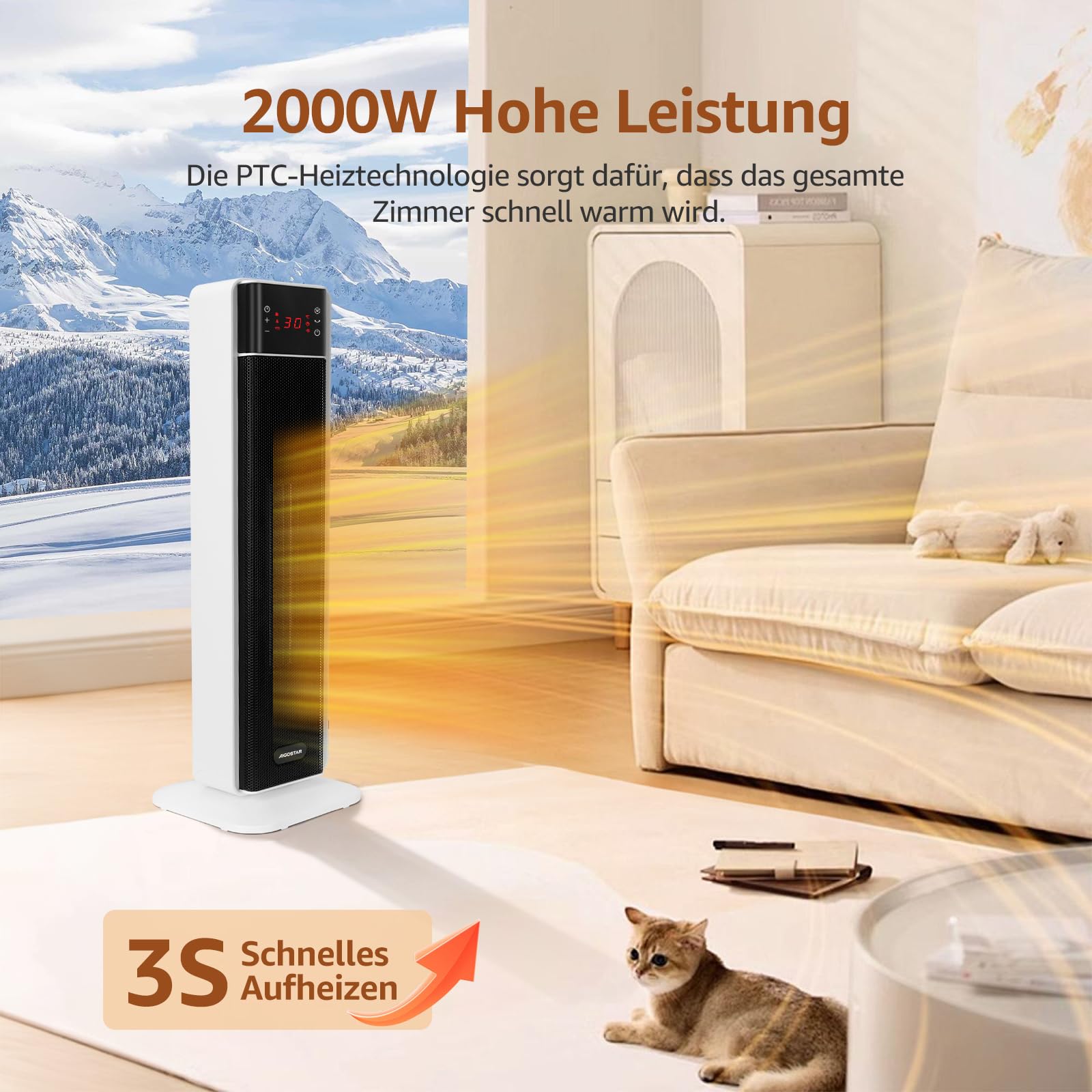 Aigostar Leiser Keramik Heizlüfter mit Thermostat, Fernbedienung, ECO-Modus | 2000W PTC Energiesparend Elektroheizung, 70° Oszillation, Überhitzungs- & Kippschutz, 24h Timer, Heaters for Room, 2 Stück
