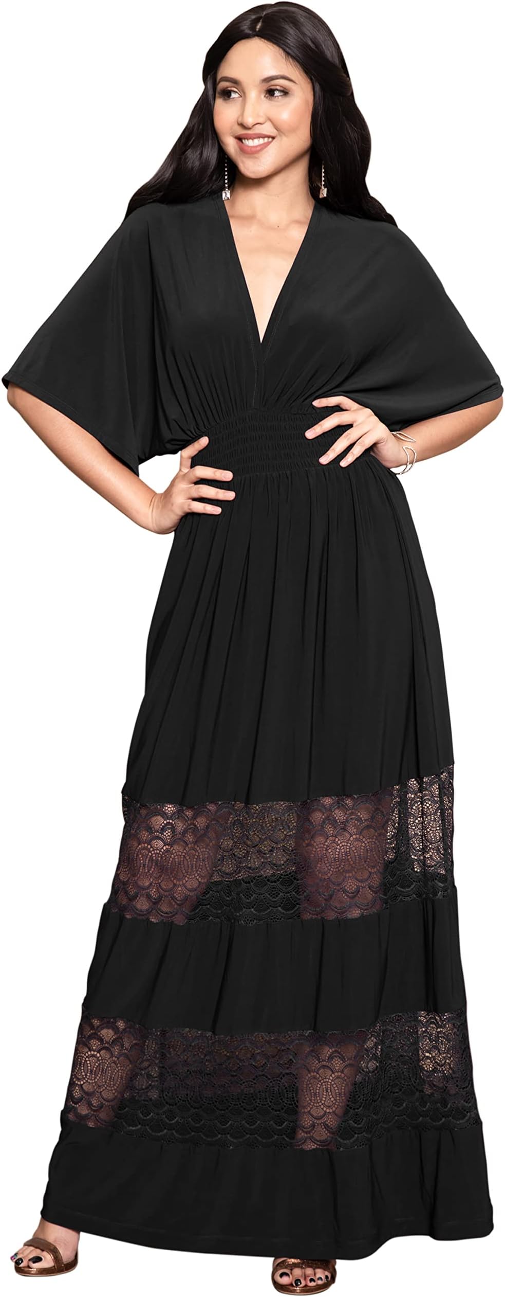 KOH KOH Womens Sexy Summer V-Neck Half Sleeve Layered Lace Maxi Dress