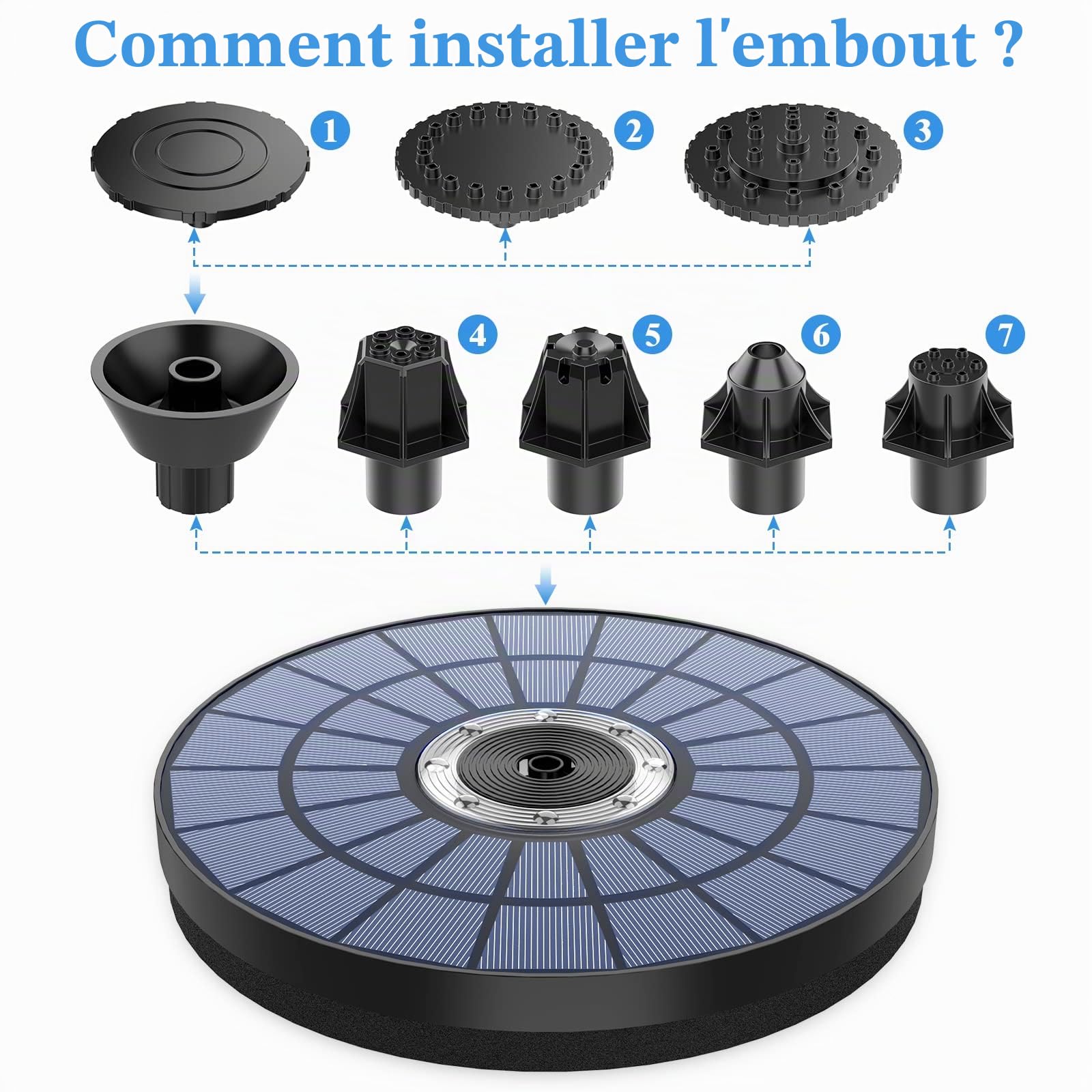 AMZtime LED Fontaine Solaire 5.5W Extérieur 7 Buses Pompe