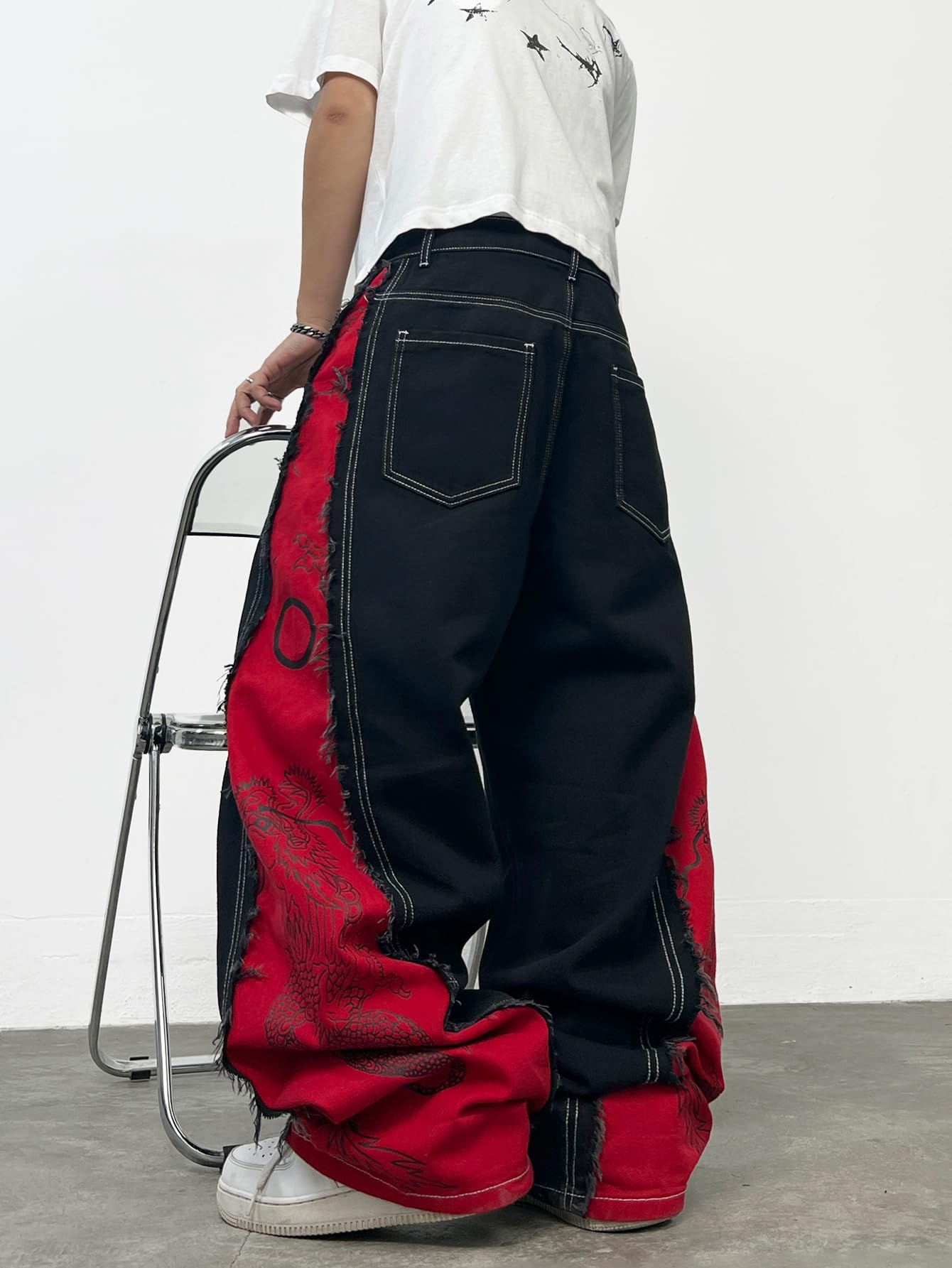 Jeans larghi da uomo a gamba larga nero rosso patchwork drago stampa denim pantaloni larghi pantaloni hip hop streetwear