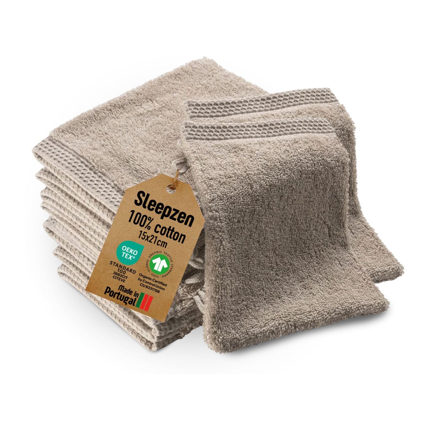 Sleepzen, Set of 10 Organic Cotton Face Cloths/Washcloths/Flannels (Beige), GOTS Certified, 500 GSM Long-Staple Cotton
