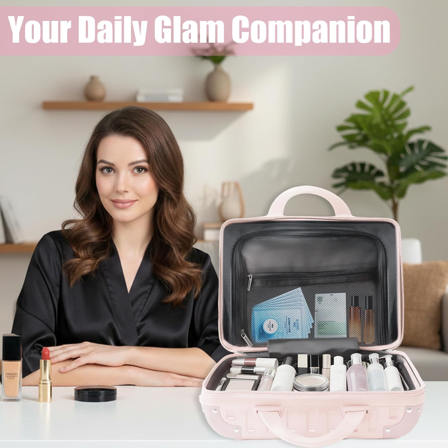 14 Inch Portable Makeup Travel Case Hand Luggage, Hard Shell ABS Cosmetic Organizer with Safety Lock, Small Carry-On Travel Bag for Women（Pink） - Image 8