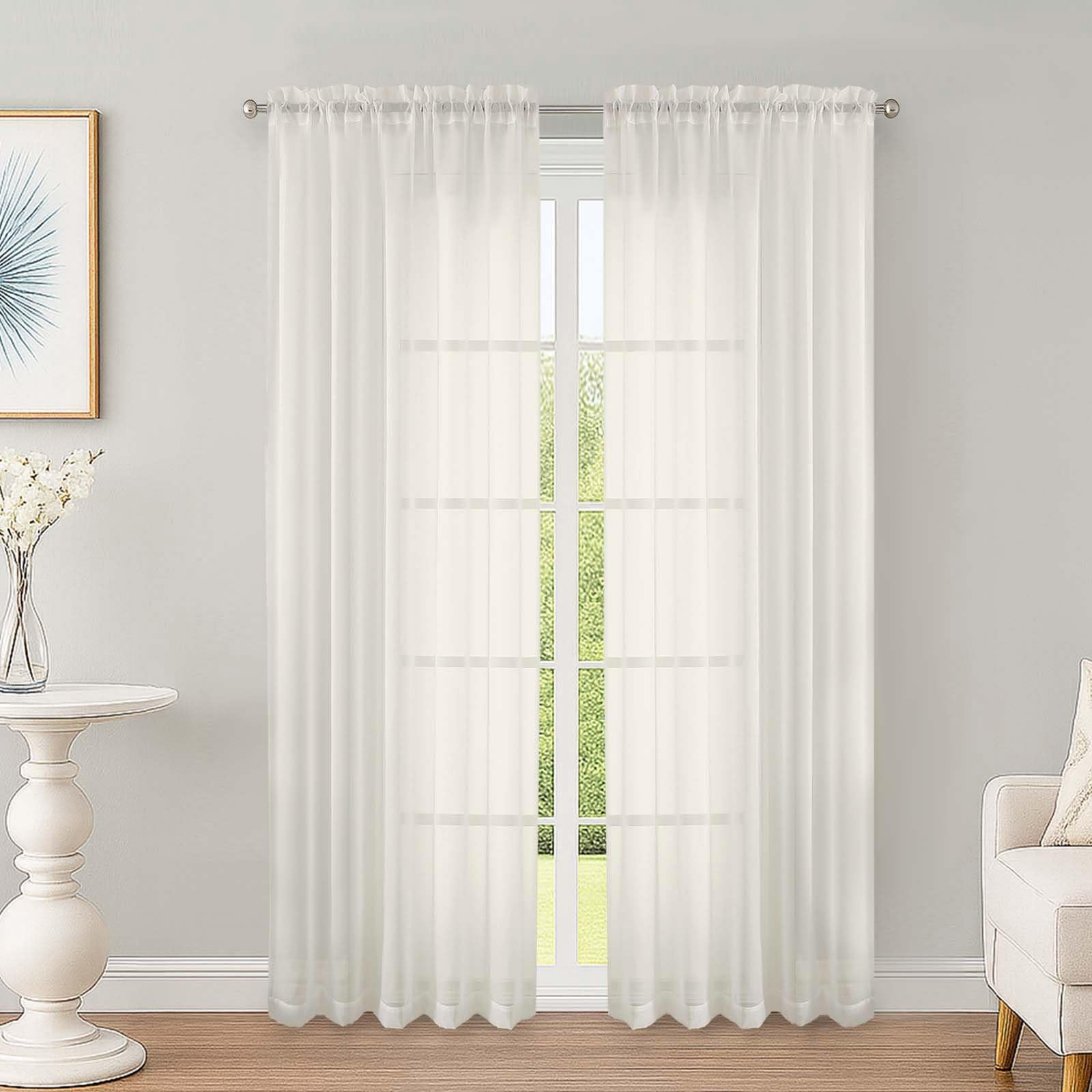 OWENIE Ivory Sheer Curtains 72 inch Length 2 Panels Set, Rod Pocket Voile Fimly Sheer Drapes for Living Room/Bedroom, 2pcs, Each 52" W x 72" L