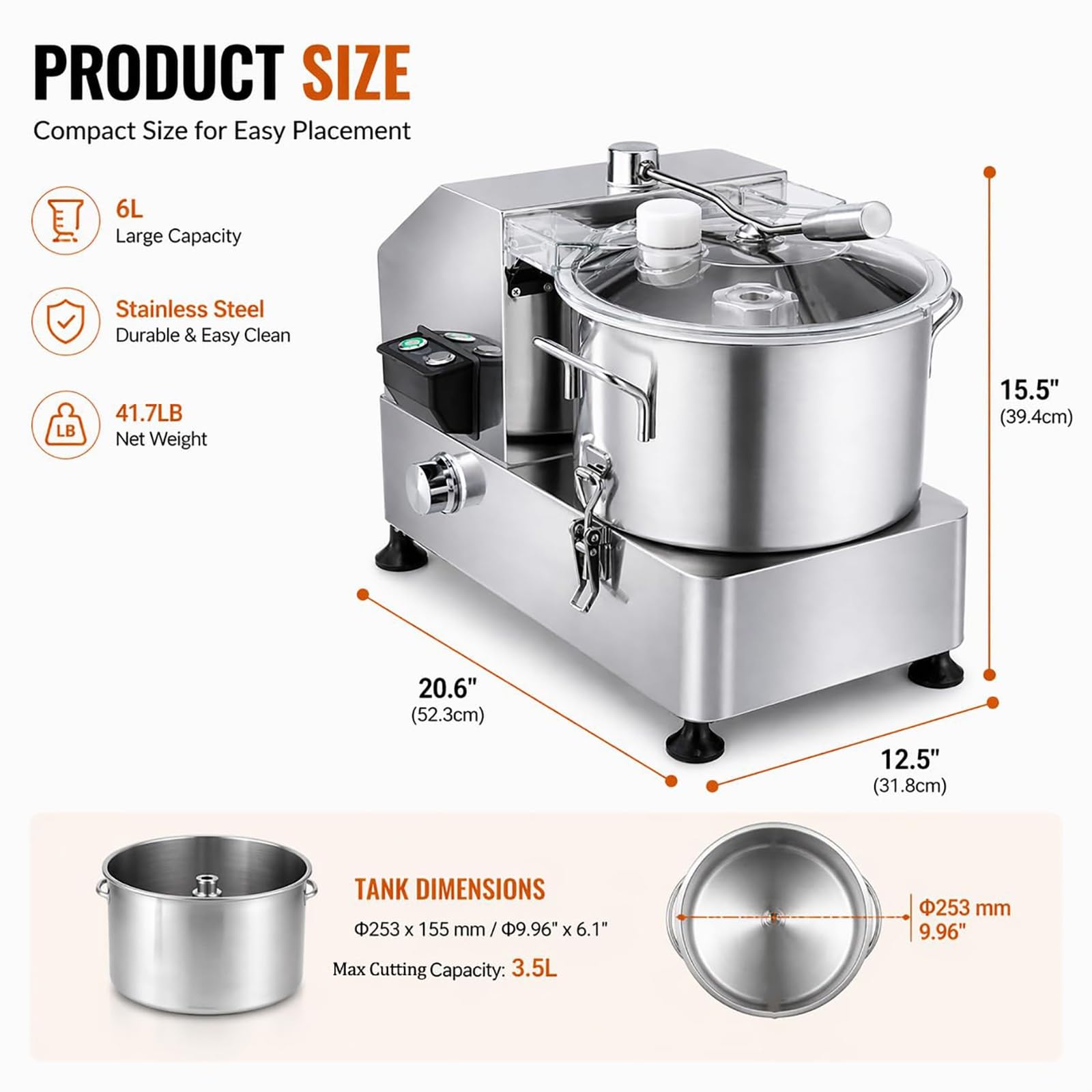 Procesador de alimentos comercial de 6 L, 1800 W, picador eléctrico para carne, verduras, frutas, frutos secos, granos, hielo, acero inoxidable, 1000-2500 RPM, electrodoméstico de cocina