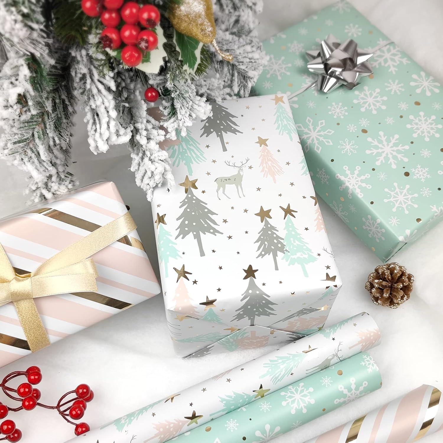 LDGOOAEL Mini Short Small Christmas Wrapping Paper Roll with Cut Lines on Reverse (17" X 120" Per Roll) - Peachy Pink & Mint Blue - for Holiday, Birthday image 2