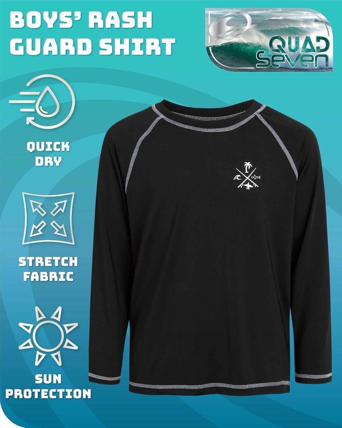 Quad Seven Boys Swim Shirt - 2 Pack Sun Protection Quicky Dry Long Sleeve Rash Guard for Boys Youth Kids Swimwear (2T-18) - Image 2