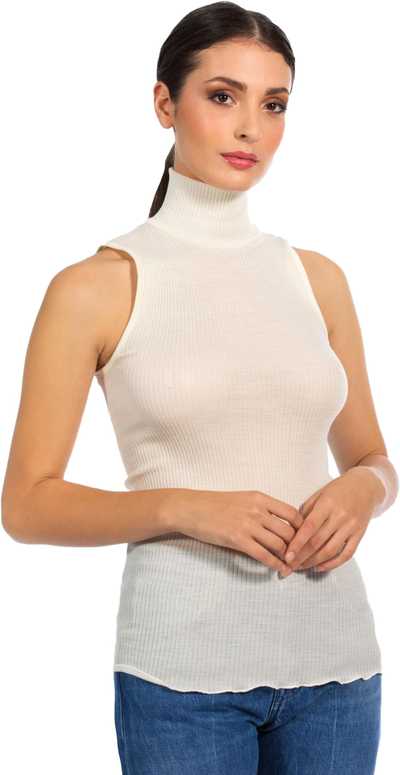 EGI ® Luxury Wool Silk Turtleneck/Mockneck Sleeveless Top. Proudly Made in Italy.