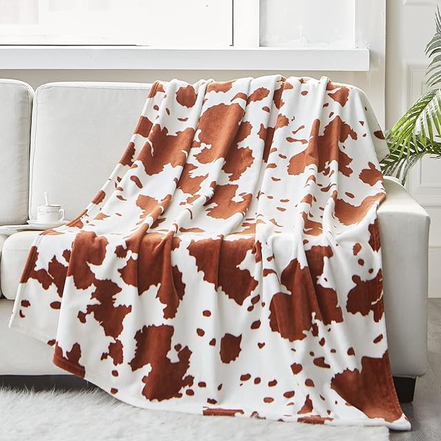 Bold And Brash Cow Print Fleece Blanket Throw, Soft Fluffy Cow Pattern Flannel Throw Blanket for Bed Sofa Couch Chair, All Season 50x60 inch Brown