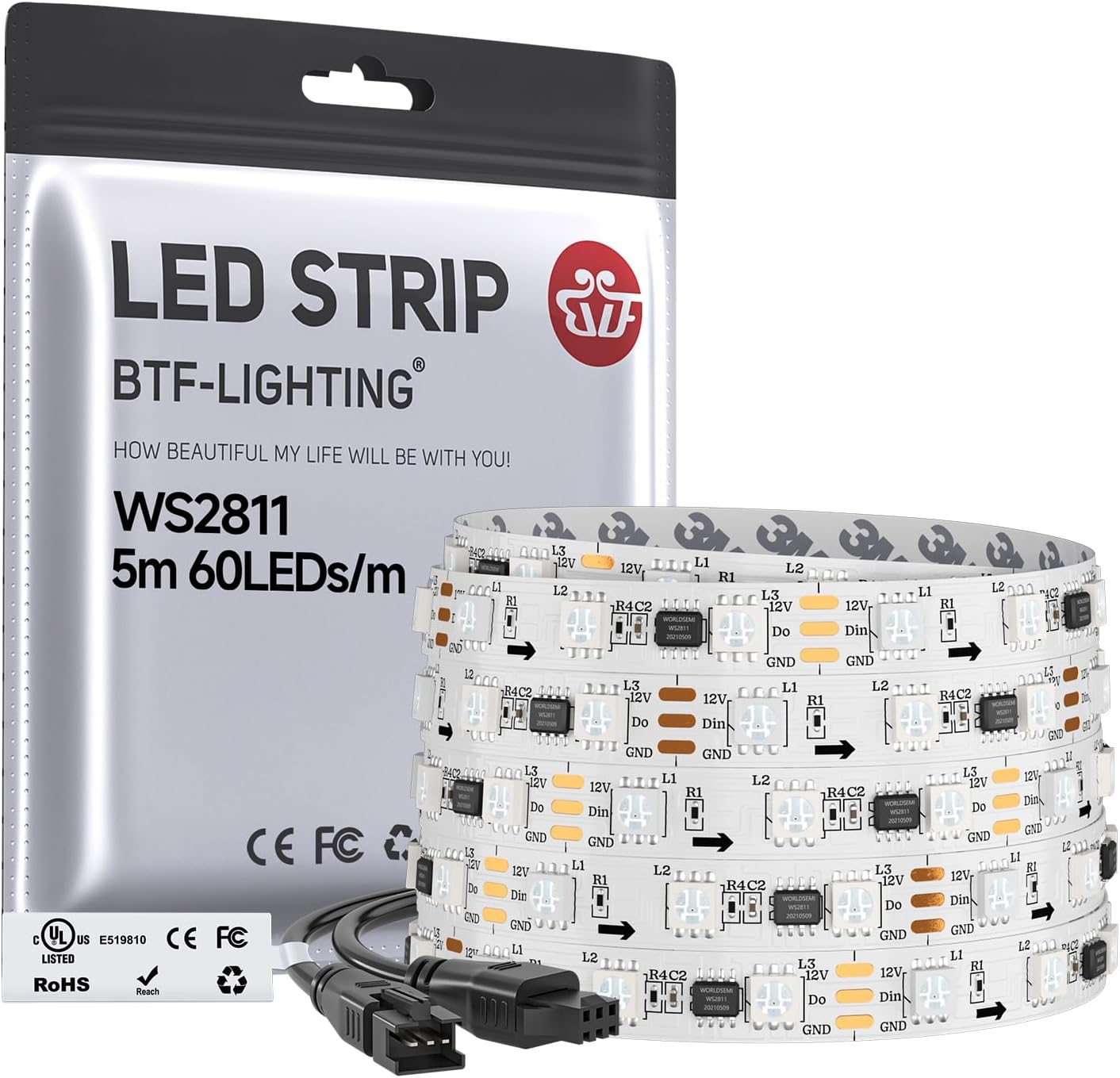 BTF-LIGHTING UL Listed WS2811 IC=RGB+IC Addressable Color RGB LED Strip,16.4FT 60LED/m 10Pixels/m,IP30 White PCB Flexible DC12V Chasing Effect for Indoor Home Decor,3M Tape(No Adapter or Controller)