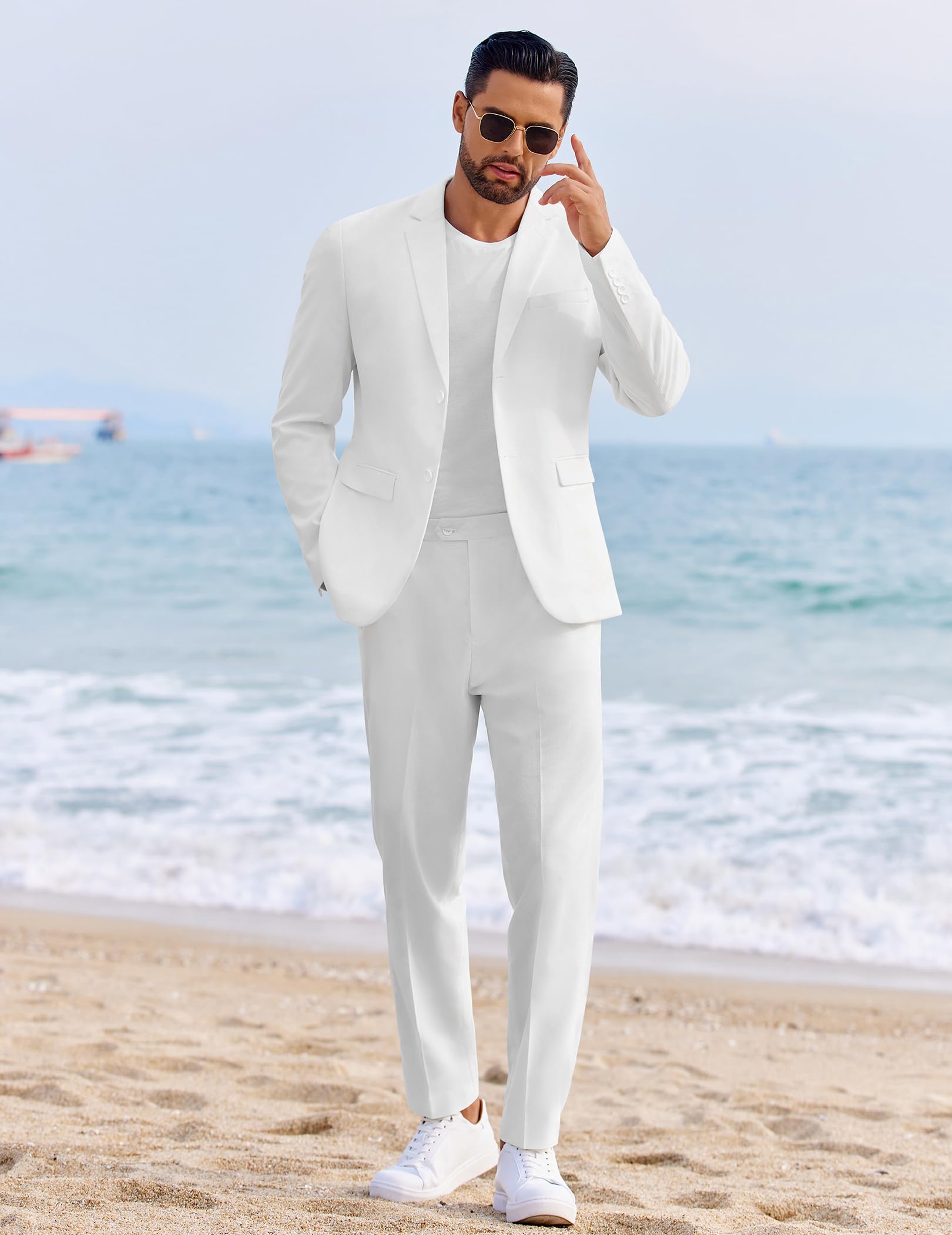 COOFANDY Completo da uomo in lino da 2 pezzi, vestibilità regolare, casual, leggero, estivo, spiaggia, matrimonio