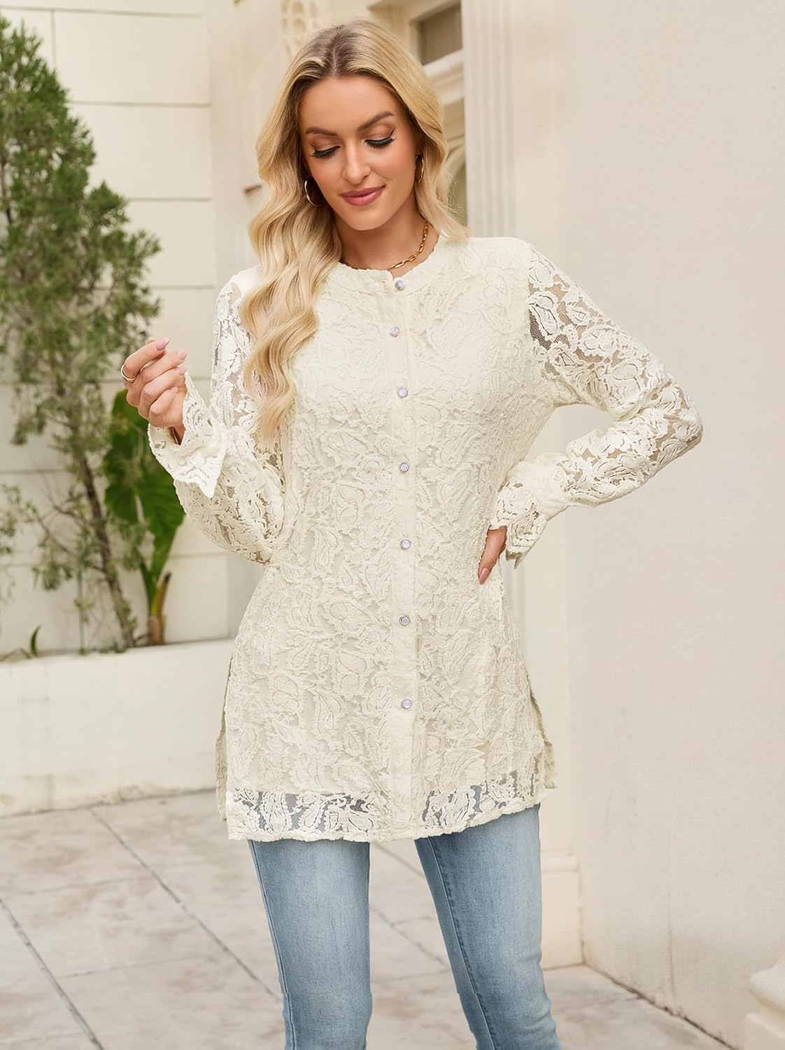 Womens Dressy Tops Blouses Casual Shirts Lace Long Sleeve Button Up Spring Fall