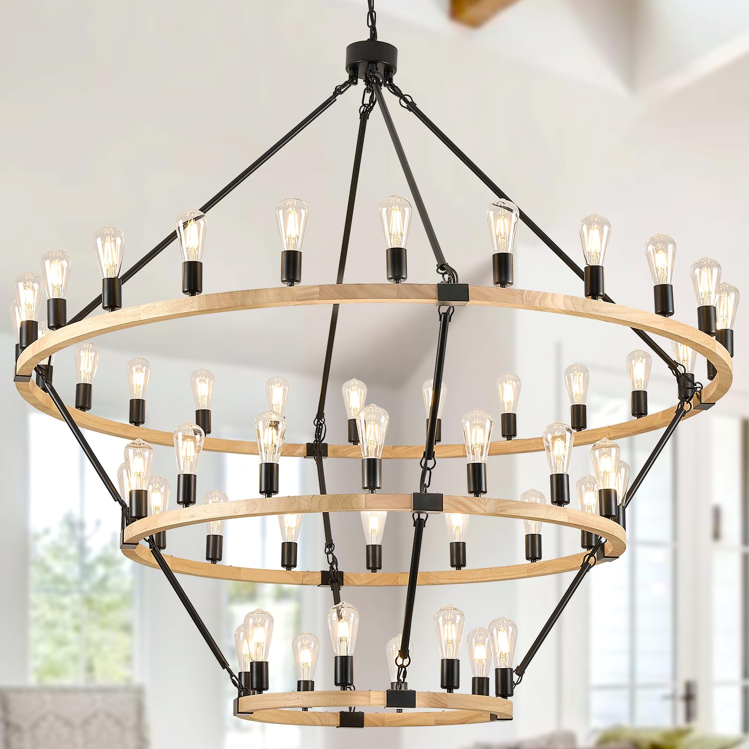 Photo 1 of Poemoon Natural Wooden Wagon Wheel Chandelier 48-Light 63" Light Fixture