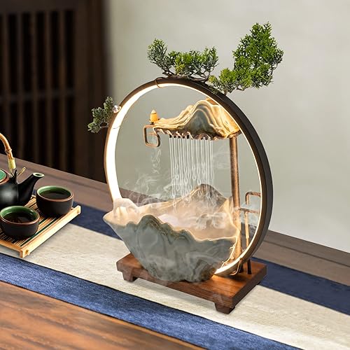 Miniatura 2 de Fuentes de agua de mesa para interiores, cascada con niebla, fuentes de agua LED para interiores para meditación con plantas falsas, decoración de