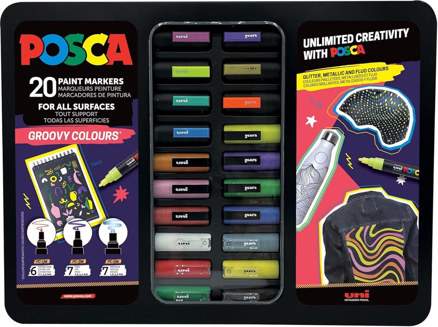 Uni-Ball POSCA 186831 – Set of 20 Acrylic Markers in Case, Groovy Colours Marker Set, PWE5M Tip 1.8-2.5 mm