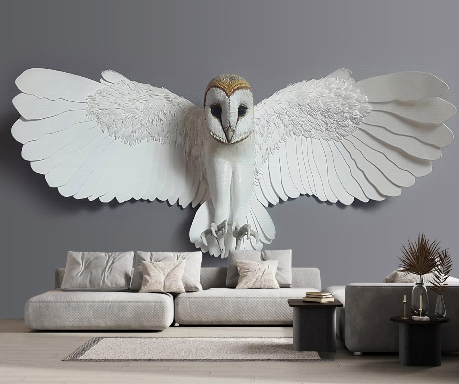 Papier Peint Panoramique Hibou Blanc 3D Intissé 380x260 cm