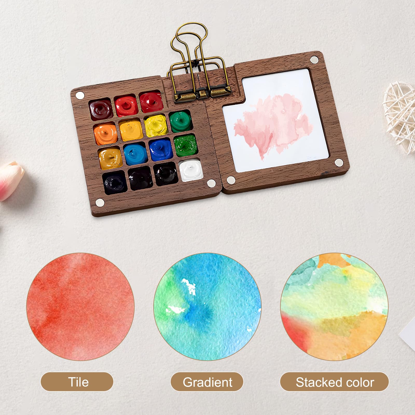 Mini Palette Aquarelle Voyage 15 Godets – Bois Noyer + Carnet Papier Aquarelle + Clip – Kit Peinture Extérieur Portable