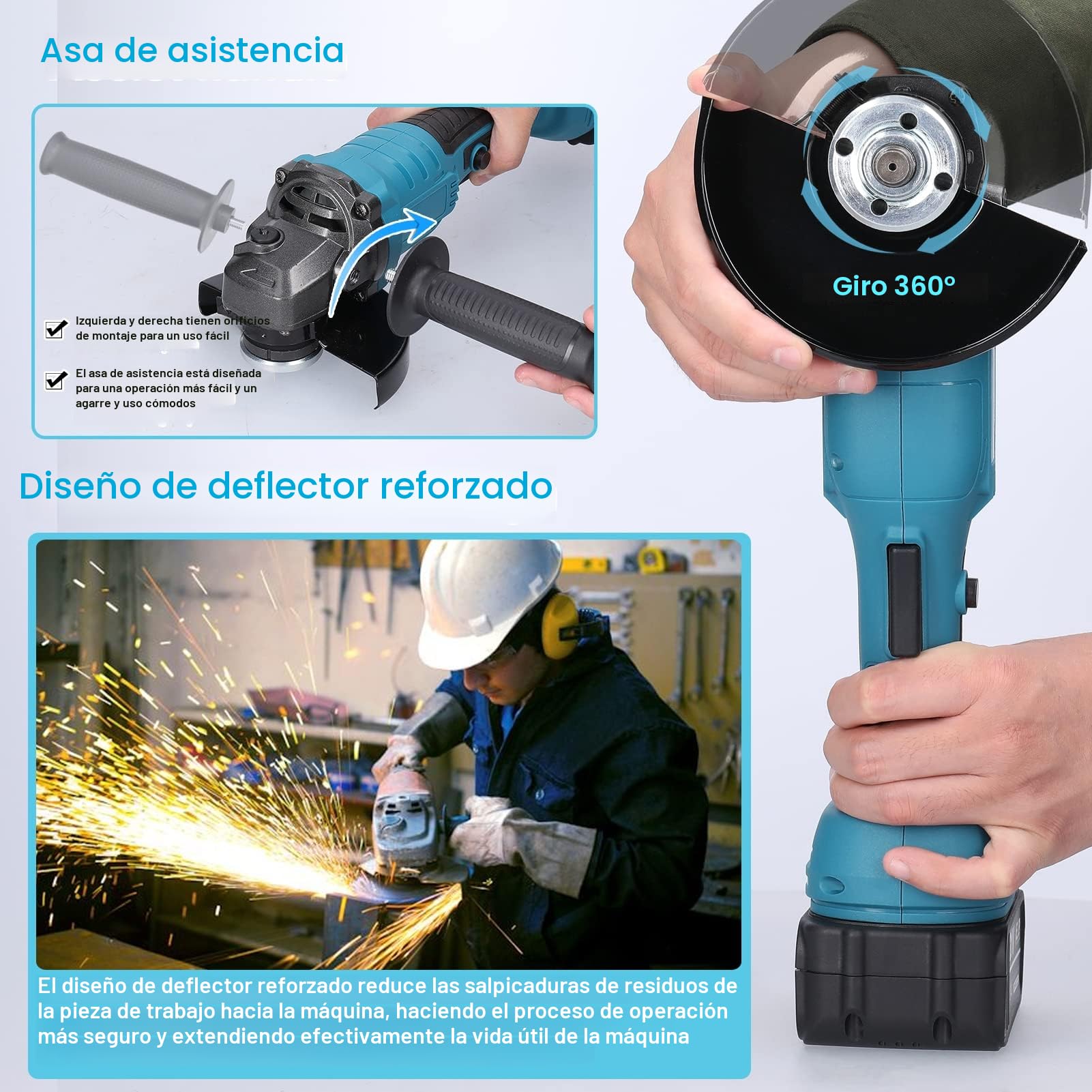 Amoladora Angular, Weytoll 21V 125mm M14 Herramienta Eléctrica de Rectificado con Motor sin Escobillas para Cortar Azulejos Pulidos Madera Piedra Acero con Dos Baterías de 1300 mAh