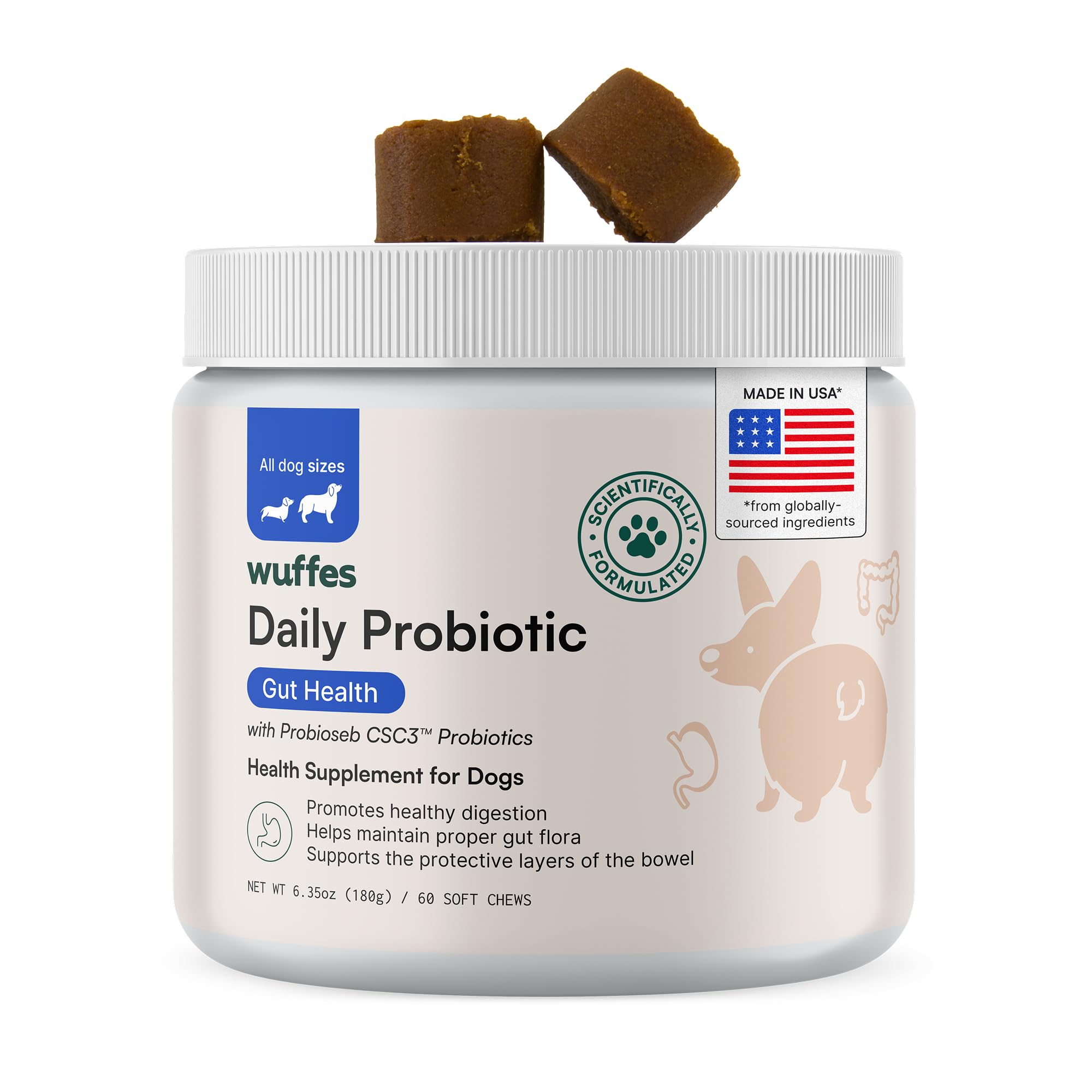 Wuffes Daily Probiotic for Dogs - Supports Digestive Health, Gut Balance, and Immune System - with Prebiotics, Marshmallow Root, and Pumpkin Powder - 60 Soft Chews