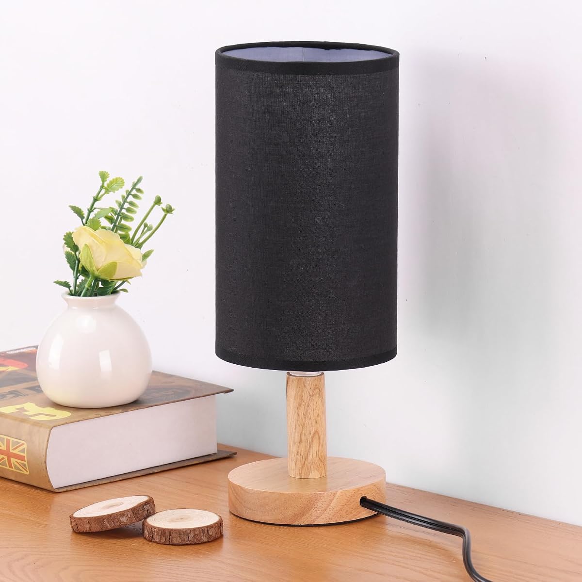 Black Small Bedside Table Lamp for Bedroom,Natural Round Wood Base&Fabric Linen