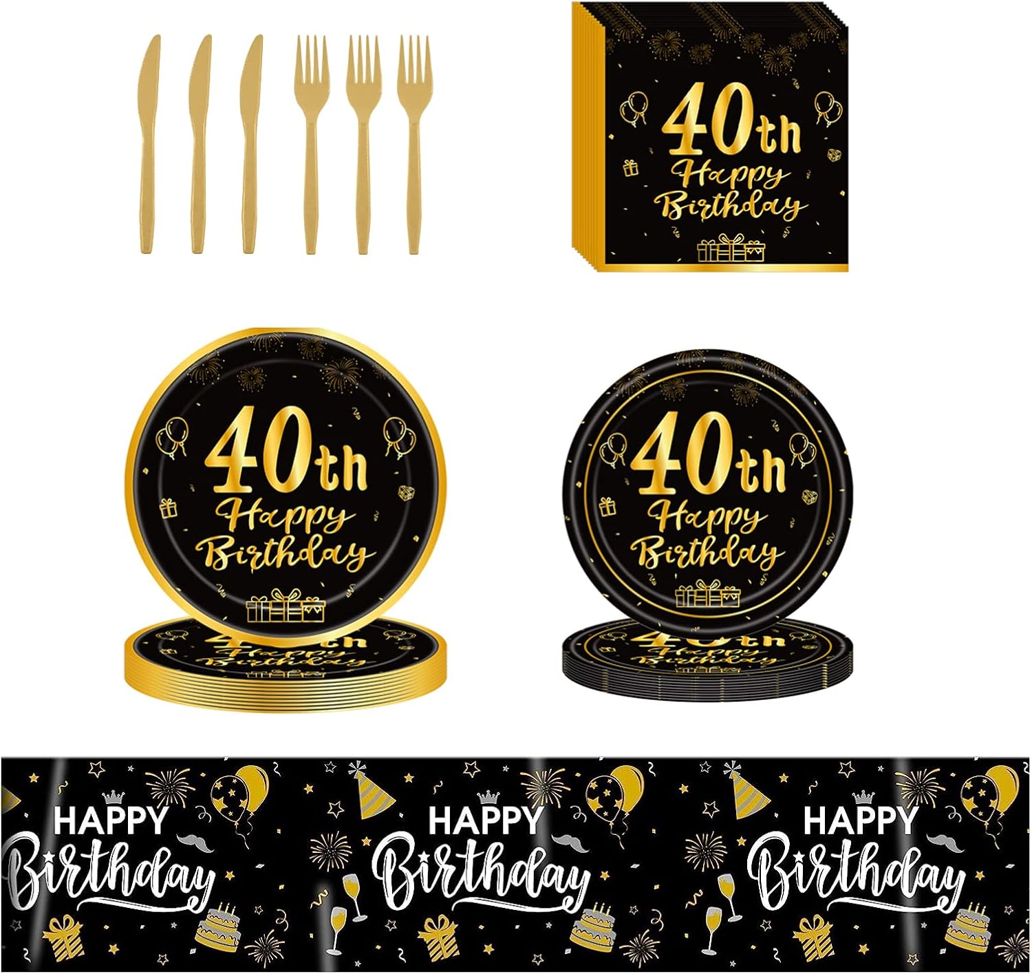 40th Birthday Theme Party Supplies,Disposable Party Tableware Sets - 40 Years Paper Plates,Napkins,Plastic Forks Knives,Tablecloths,40th Birthday Decorations for Men Women,24 Guests