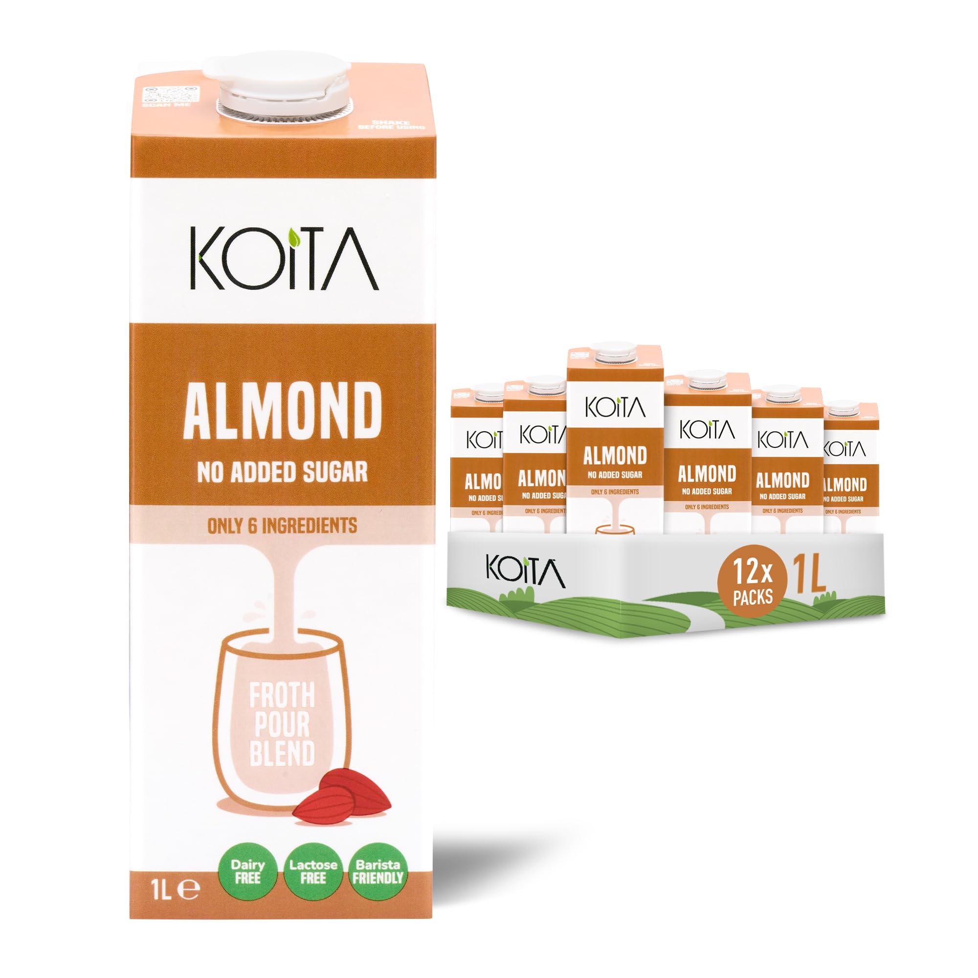 Koita Almond Milk (1L, 12-Pack) - No Added Sugar, Plant-Based, Vegan, Shelf Stable, Nut Milk, Made in Italy, Barista Friendly
