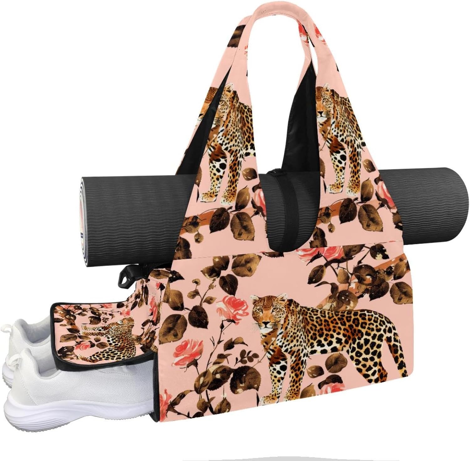 Gym Bag for Women, Leopard Flowers Yoga Mat Bag with Shoe Compartment, Sport Yoga Gym Bag with Yoga Strap, Carryall Yoga Tote Bag