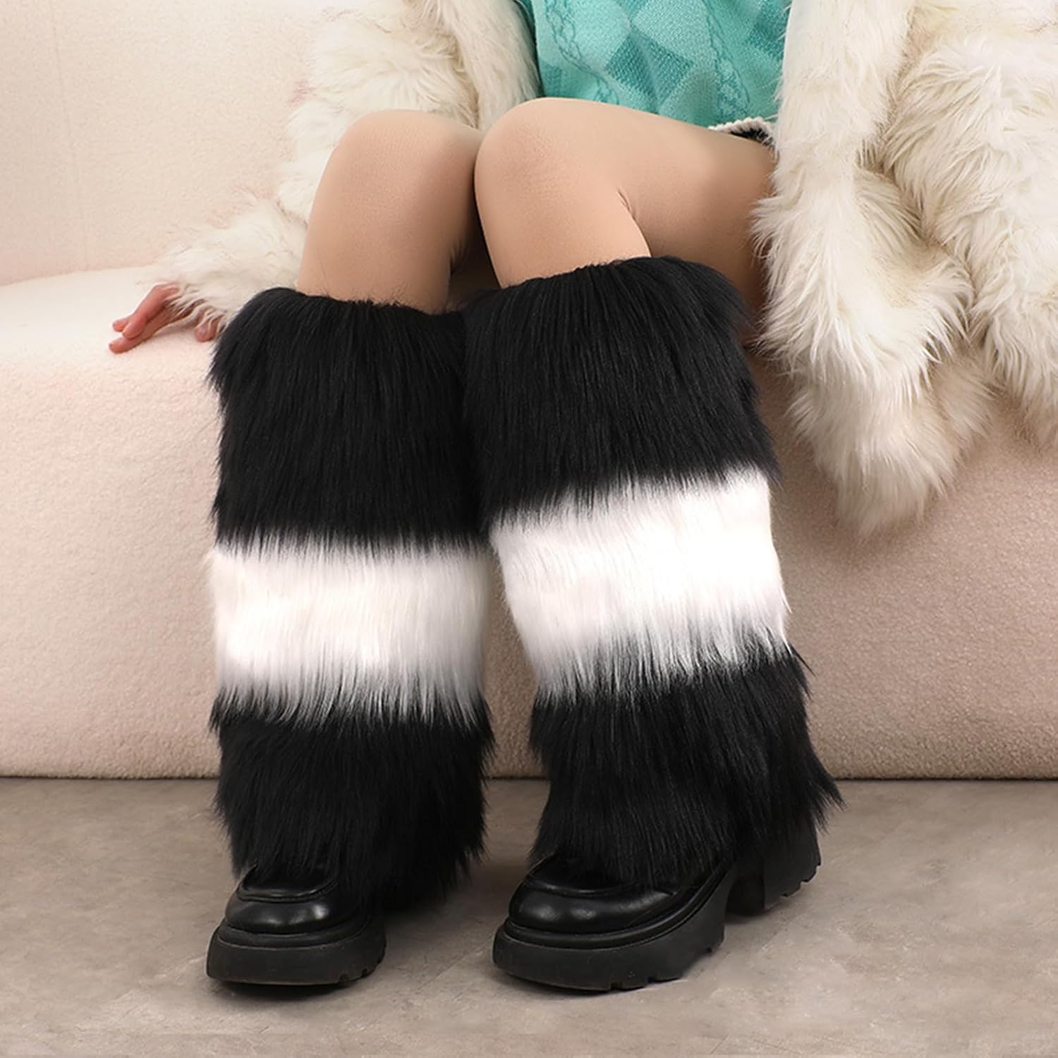 Women Plush Contrast Color Leg Warmer Aesthetic Vintage Fuzzy Thickened Boot Cuffs Leg Gaiters Cover Long Socks