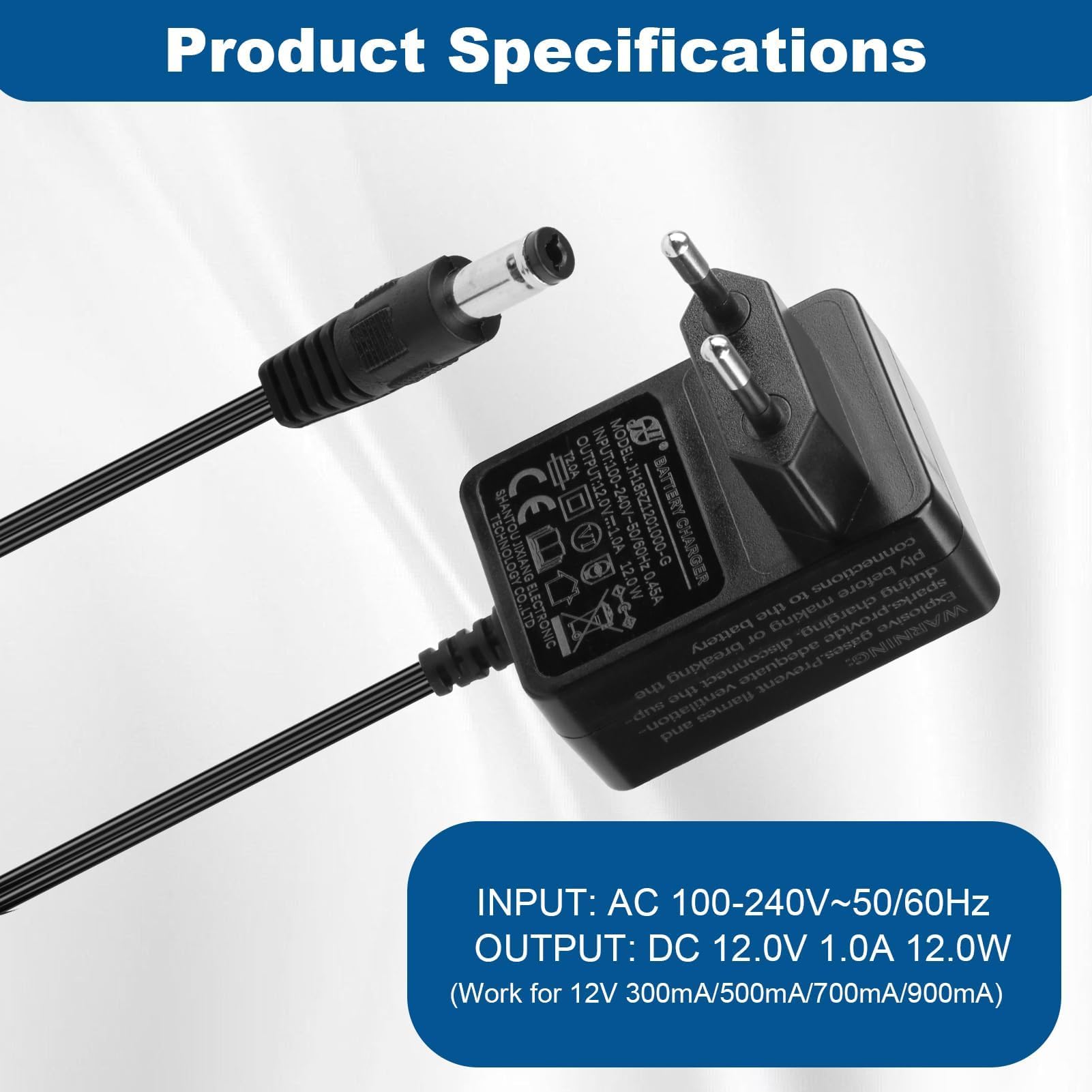 12V 1A Cargador para Coches Eléctricos Niños, Adaptador de Corriente EU para Juguetes Eléctricos SUV, ATV, Moto, Quad, Tractor y Otros 12V 1000mA Vehículos Infantiles, Cable 1.5 m Negro