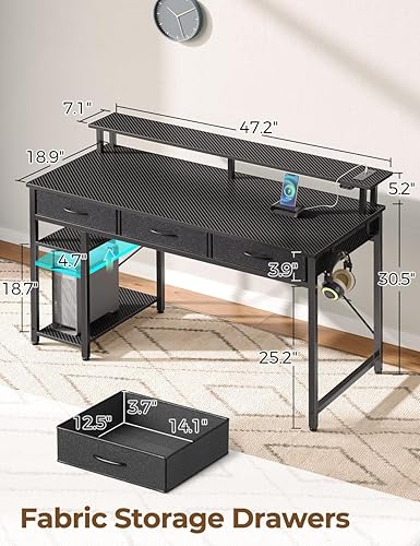 Miniatura 3 de Rolanstar Escritorio para computadora con tomas de corriente y luz LED, escritorio de oficina en casa de 39 pulgadas con 3 cajones y estantes de