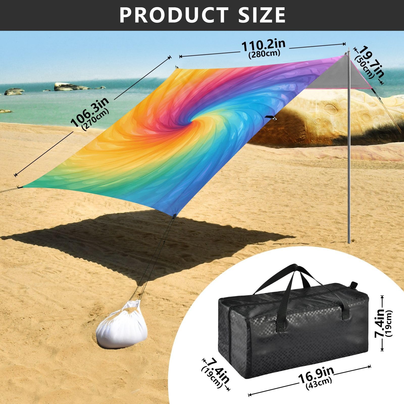 Darkorchid Tie Dye Background Rainbow Colors Tie-dye Pattern Beach Cabana Tent UPF50 Waterproof Large Portable Sun Shelter Includes Sand Shovel, Sandbags, Stability Poles for Camping,