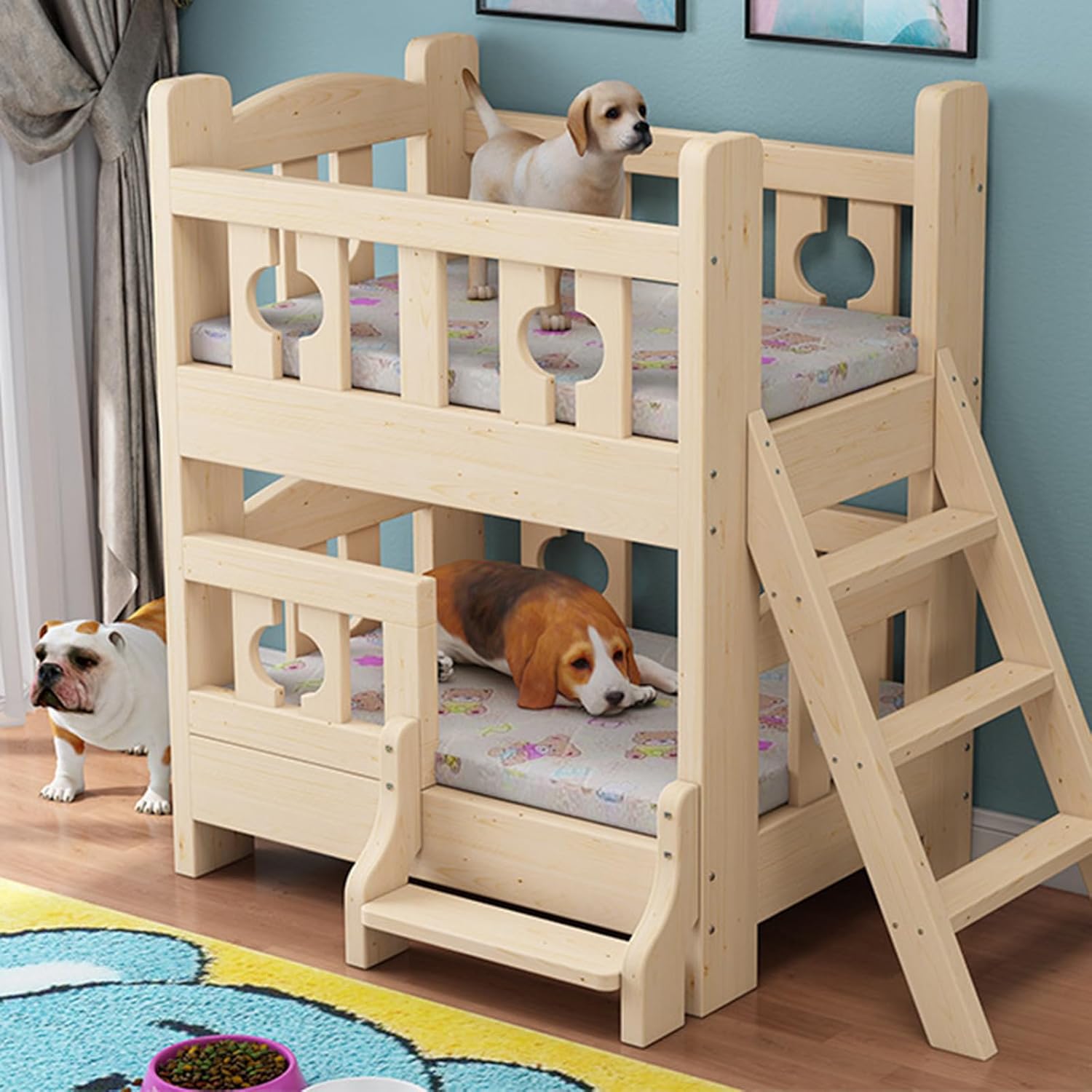 review Dog Bunk Bed for Small Medium Large Pet, Double Layer Wood Frame Pet Bed with Steps, Removable,A,80×60cm(31×24in)